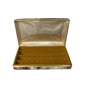 VTG 80s Velvet Jewelry Box Abstract Beige Brown Gold Earring Case 4.5x7" Retro